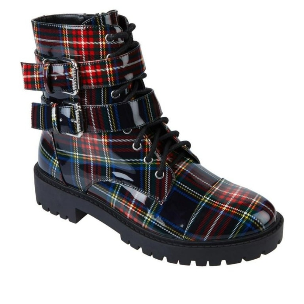 NWB Jessica Simpson Karina Plaid Buckle Combat Boots Moto Size 9.5